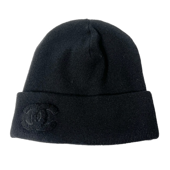 CHANEL Black Cashmere CC Logo Knit Hat Winter Foldover Beanie - Picture 1 of 10